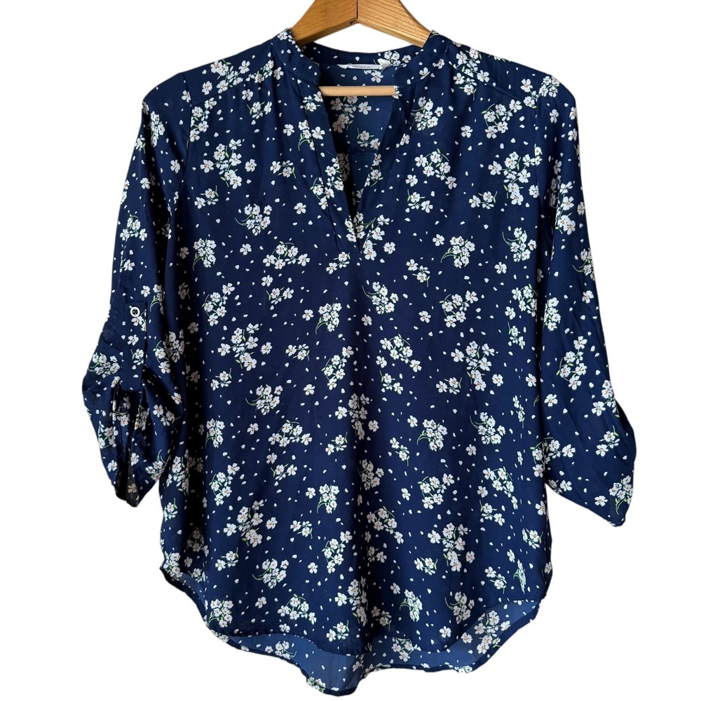 Lush Navy Blue Floral Roll Tab Sleeve V-Neck Blouse‎  Womens Medium